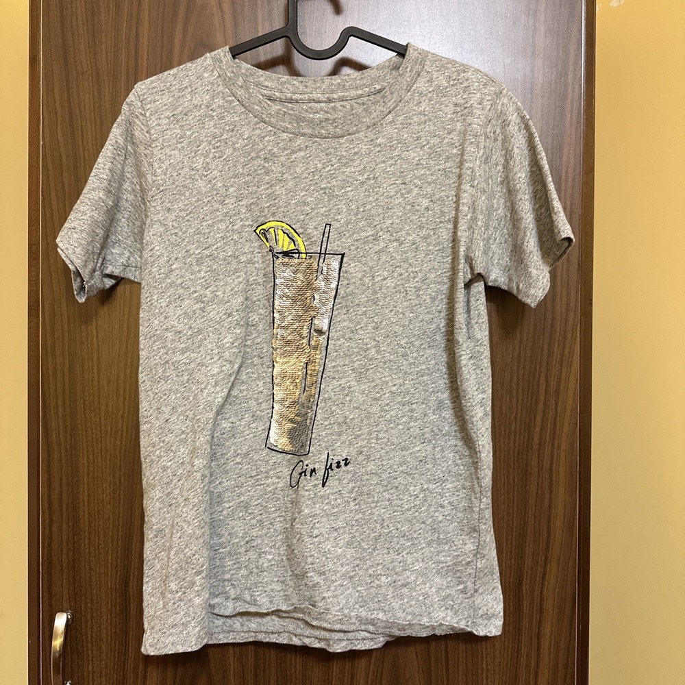 J Crew Gin Fizz Womens Top Size XS Gray Sequin Graphic T Shirt Cotton Tee